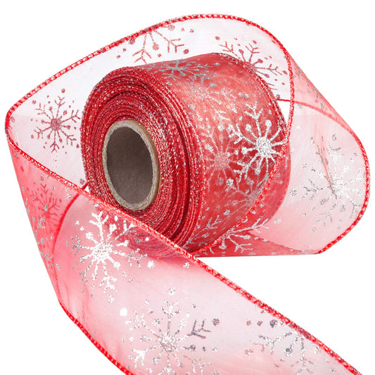 Livder 2.5 Inch Wide Christmas Wired Ribbon Snowflake Organza Sheer Glitter Ribbon for Xmas Tree, Wreath, Party Decoration, Gift Wrapping (Red, 21.9 Yards)
