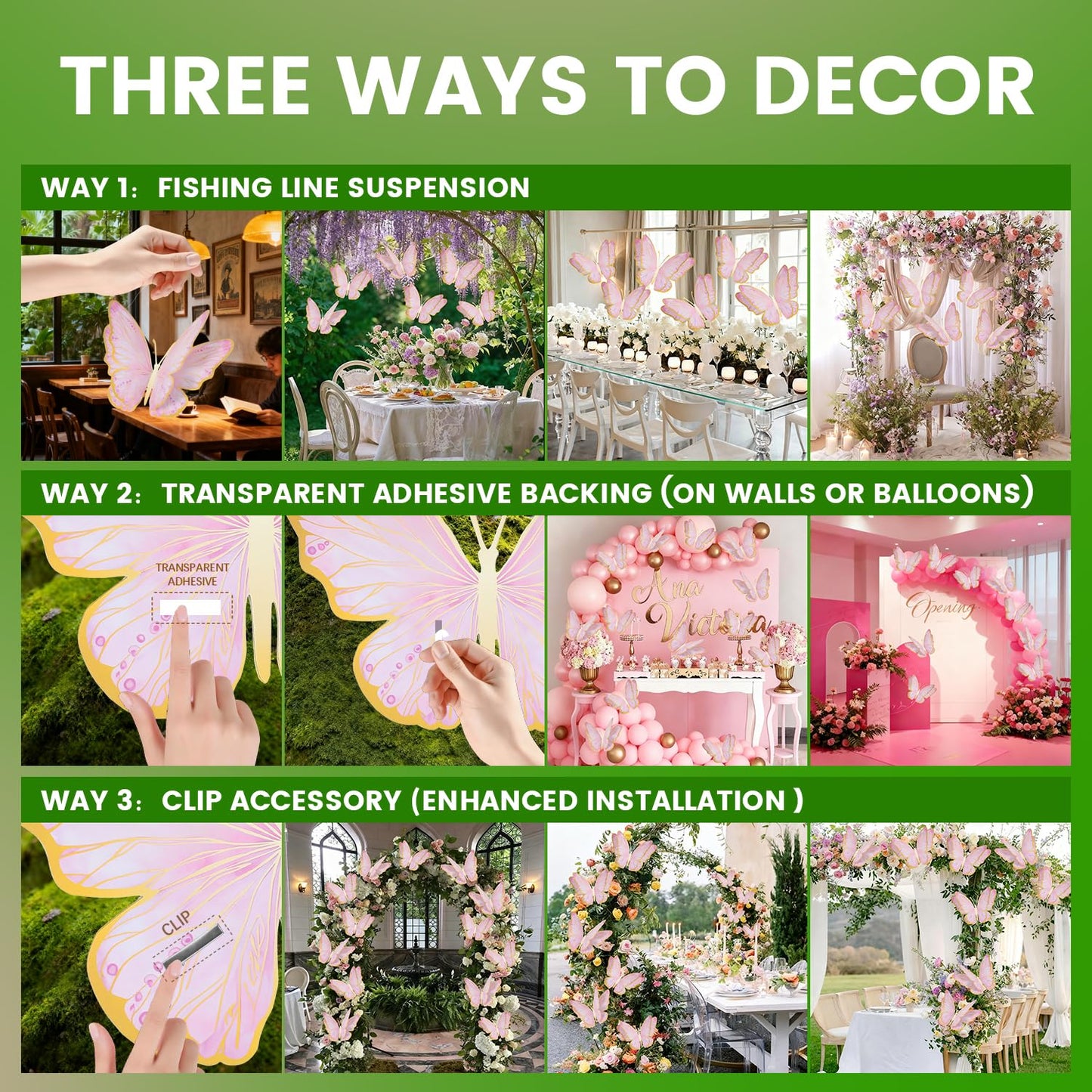Mverse 3D Butterfly Wall Decor - Gold Paper Butterflies Sticker for Balloon Arch Garland & Cake Topper - Removable Mural Decals for Baby Shower, Wedding, Nursery & Girls Room Decoration (Pink)
