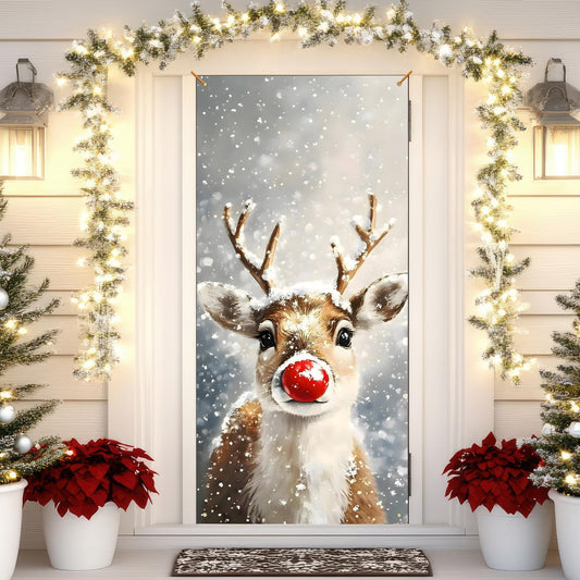 LRWHDFW Christmas Door Cover Decoration, Winter Red Nose Reindeer Xmas Holiday Front Door Covers Banners Photography Background Decor for Indoor Outdoor Xmas Party Decoration, 35 * 79 Inch