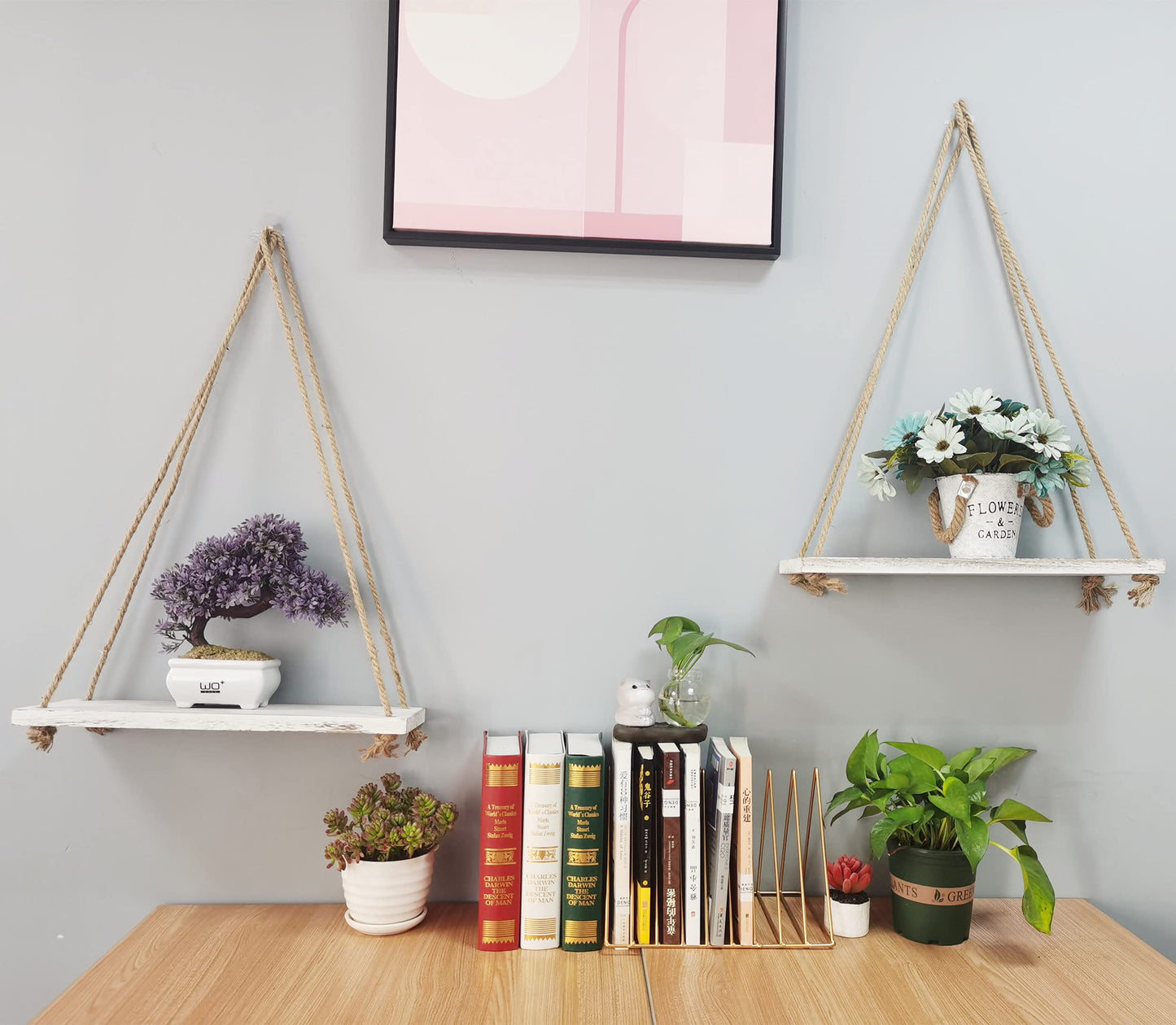 HoreZer 2-Piece Rustic White Wood Shelf Set, Hanging Floating Shelves with 4 Hooks and Ropes, Modern Style for Kitchen, Bathroom, Living Room