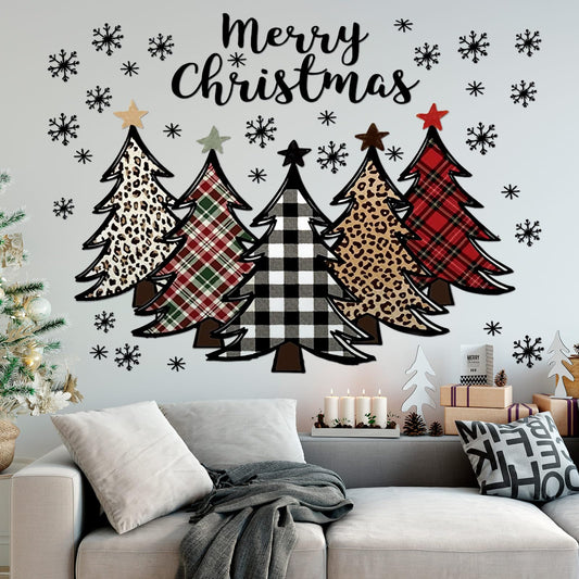 Drydiet 2 Pcs Large Christmas Tree Wall Decals 44 x 32 Merry Christmas Snow Watercolor Tree Wall Stickers Buffalo Checkered Peel and Stick Removable for Bedroom Living Room Offices Home Decoration