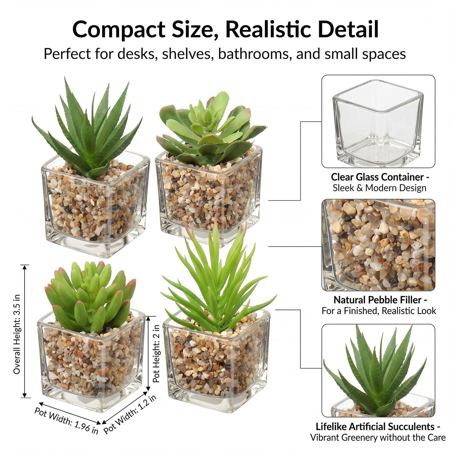 Briful Set of 4 Succulents Plants Artificial in Clear Glass Pots Small Fake Succulents Plants Mini Faux Plants Indoor for Window Sill Office Table Desk Shelf Bathroom Decor