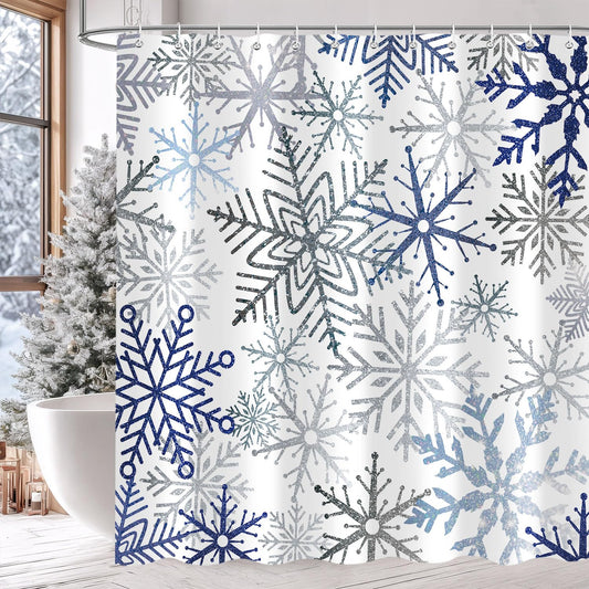 Raoycla Christmas Snowflake Shower Curtain, Blue Xmas Winter Snow Bathroom Decor, Silver Grey Snowflake Christmas Holiday Simple Shower Curtains for Bathroom 72 x 72 Inch with 12 Hooks