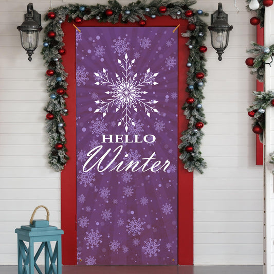 MKIJUHB Purple Christmas Door Cover, Hello Winter Xmas Snowflake Decoration Doorway Door Curtains Banners Backdrop Background Decor for Indoor Outdoor, Winter Party Decorations, 35*79 Inch