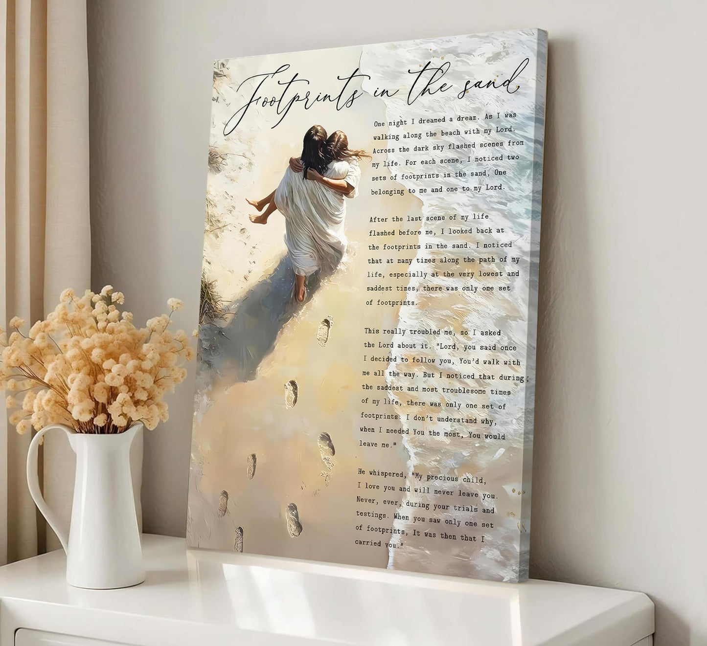 Footprints in the Sand Canvas Wall Art Chrisitan Inspirational Painting Picture Jesus Hugging Woman on Beach Poster Prints for Christian Women Living Room Bedroom Wall Decor 12x16in Framed