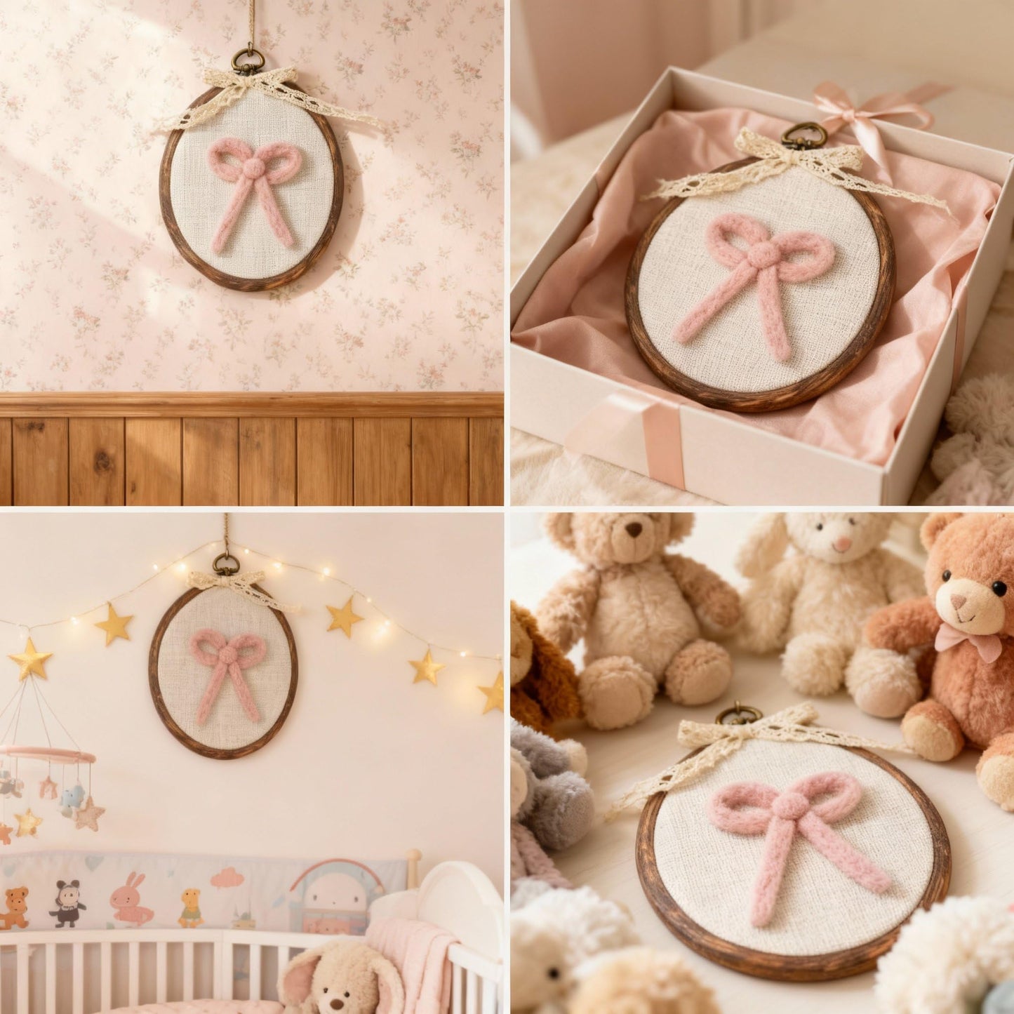 Soulchen Felted Pink Bow Nursery Wall Decor 5 x 6 Inch Cute Coquette Bow Pink Christmas Decor Wall Art Decorative Artwork for Nursery Bathroom Living Room Baby Room Bedroom Farmhouse Decoration