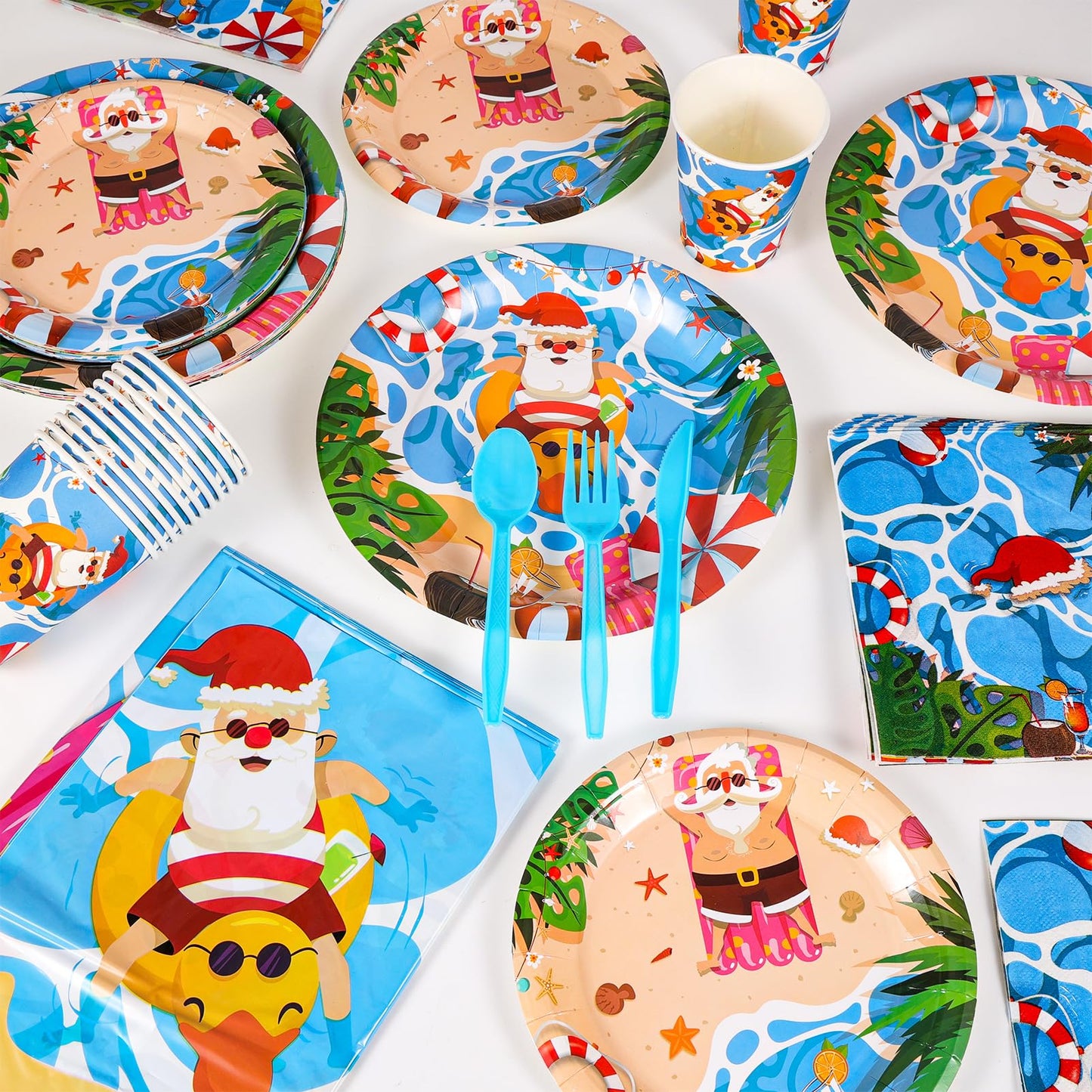 HOWAF 117pcs Hawaii Christmas Decorations Tableware Set, Paper Plates and Napkins Sets Plastic Xmas Santa Tablecloth Disposable Dinnerware Beach Party Paper Cups Forks Supplies