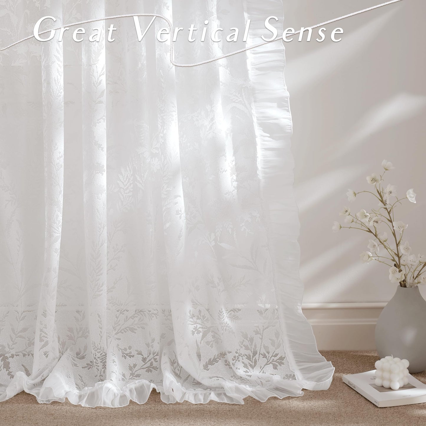 NICETOWN White Sheer Shabby Chic Lace Curtains for Bedroom, Rod Pocket & Back Tab Leaf Pattern Semi Sheer Window Treatments Privacy with Light Filtering for Living Room, 2 Panels