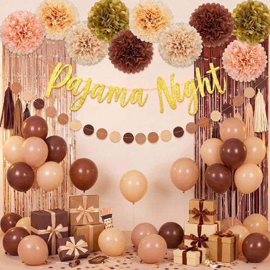 Riceshoot 41 Pcs Brown and Beige Pajama Night Party Decoration Kit Include Pajama Night Banner Paper Pom Poms Tassel Garland Circle Dot Banner Balloons for Gathering Brown Party Decoration Supplies