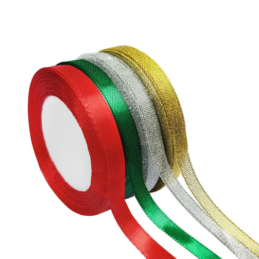 LOJAYUVE Christmas Ribbon 4 Rolls, 25 Yards x 0.4 Inch - Red Green Gold Silver Satin Ribbon for Gift Wrapping, Christmas Tree Decor, Crafts and Holiday Party Supplies