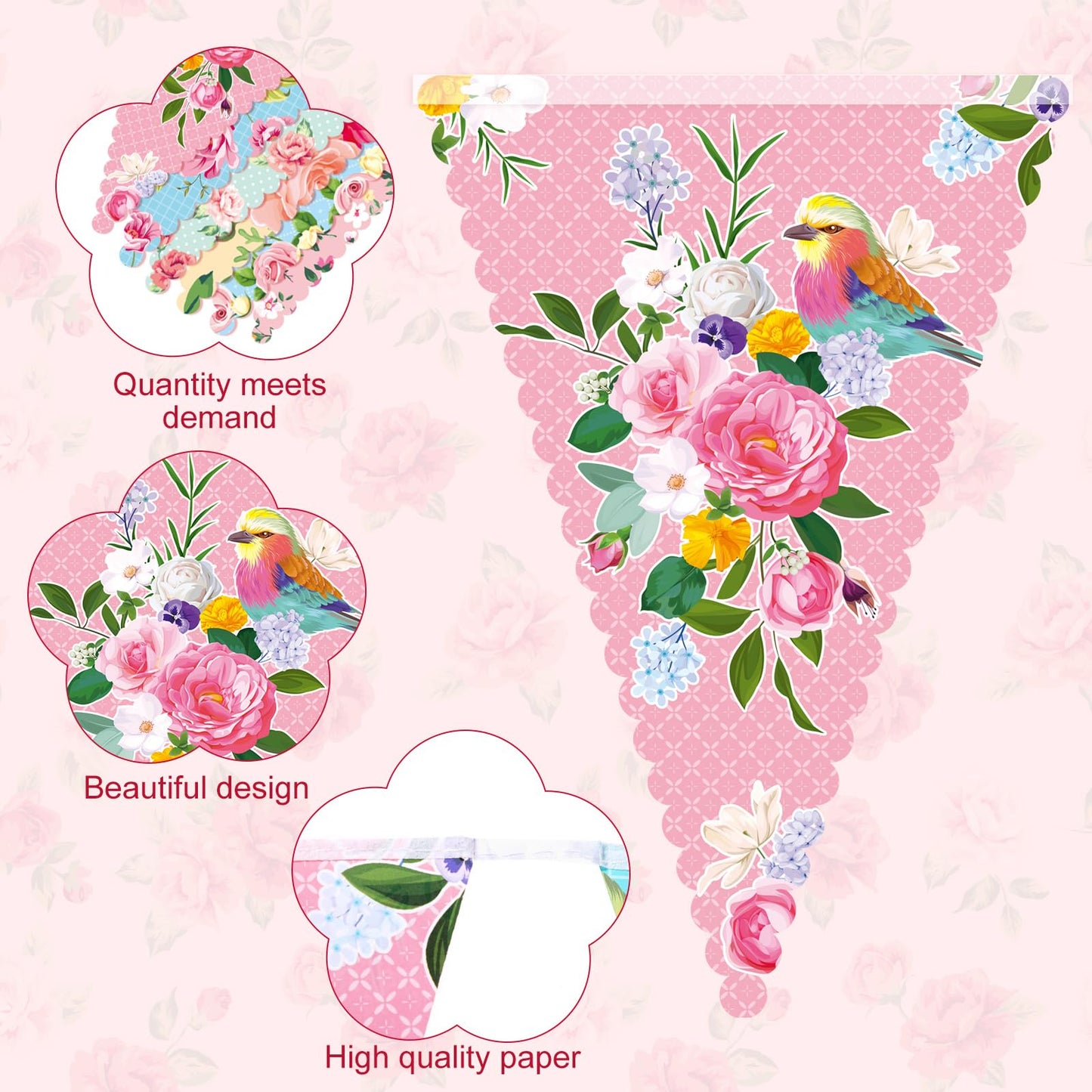 Faccito 49 Ft 60 Pcs Tea Floral Party Paper Bunting Decor Outdoor Bunting Banner Floral Pennant Wildflower Garland Tea Party Birthday Supplies for Wonderland Garden Baby Shower Bridal Wedding Bedroom