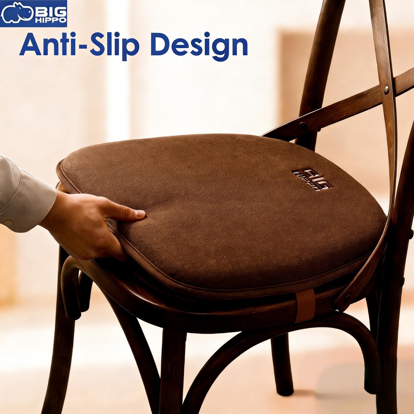 Big Hippo Chair Pads, Memory Foam Chair Seat Cushion Non Slip Rubber Back Thicken Chair Padding with Elastic Bands for Home Office Outdoor Seats (Brown-1pc)
