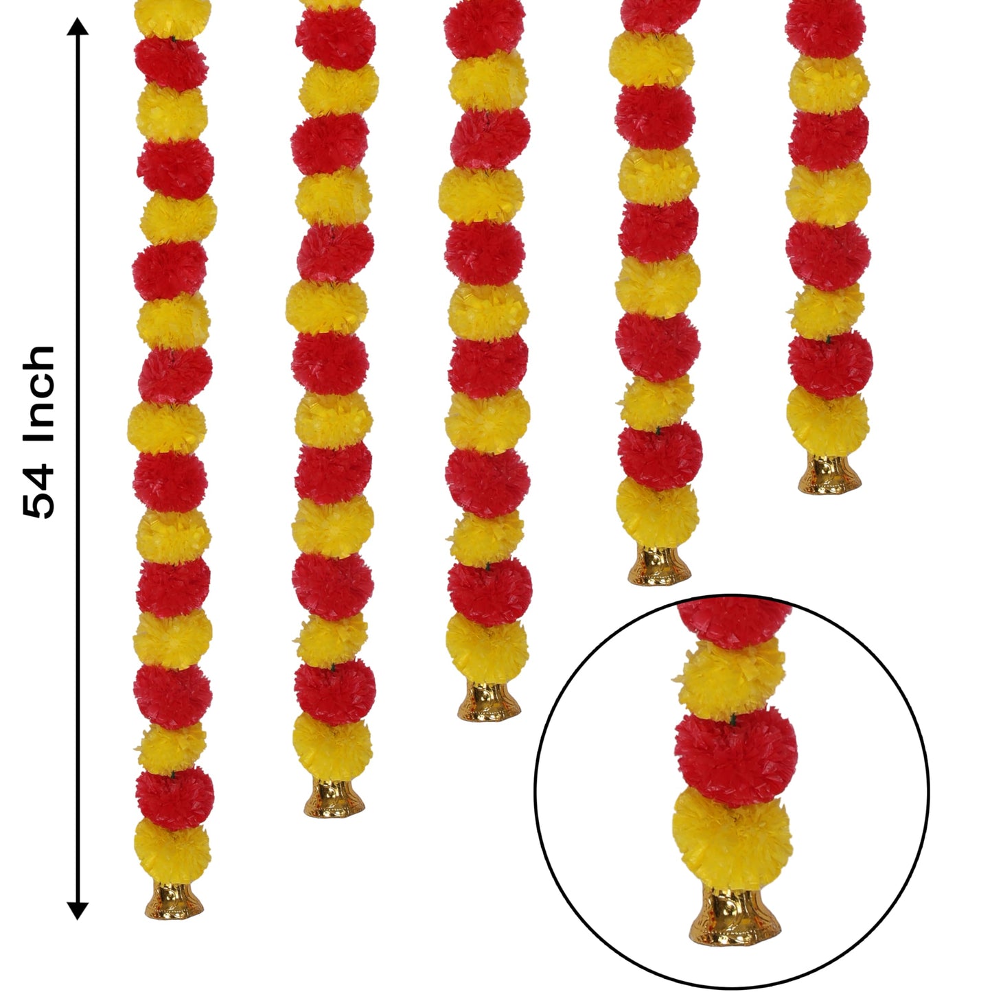 Marubhumi 5-PC Artificial Marigold Flower Garland – 4.5 Feet Long Strands with Bells | Yellow & Red | Diwali, Wedding, Home & Christmas Décor