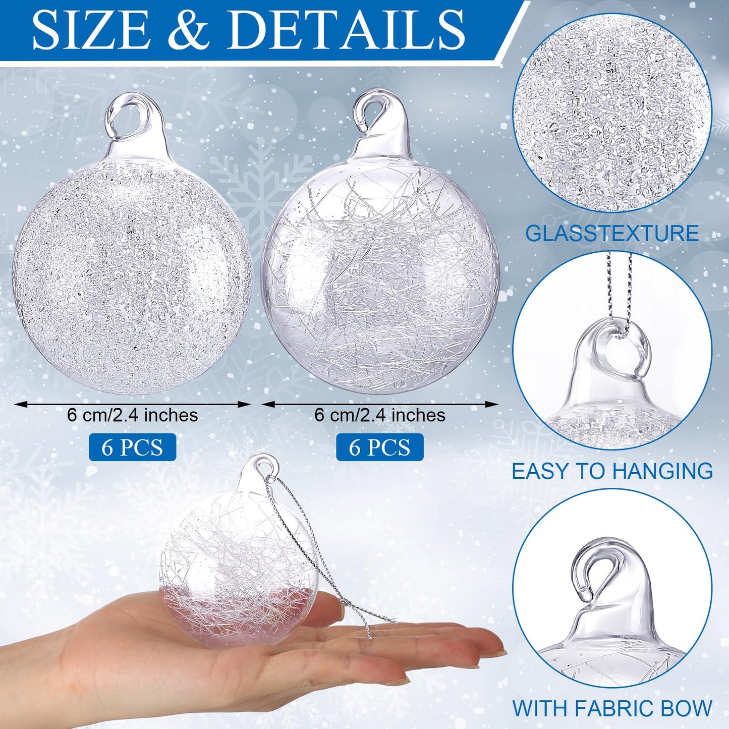 Suilung 12 Pcs Clear Glass Christmas Ornaments Balls Bulk Hand Blown Glass Ornaments for Christmas Tree Hanging Decorative Ball for Xmas Holiday Wedding Birthday Home Party Decor