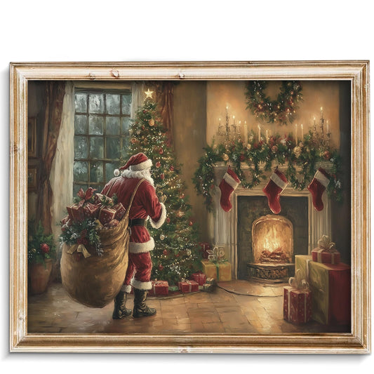 Vodefoad Vintage Christmas Claus Wall Art Cottagecore Santa Claus Canvas Decor Academia Xmas Decor Winter Print Christmas Tree Painting for Christmas Holiday - 8x10Inch Unframe