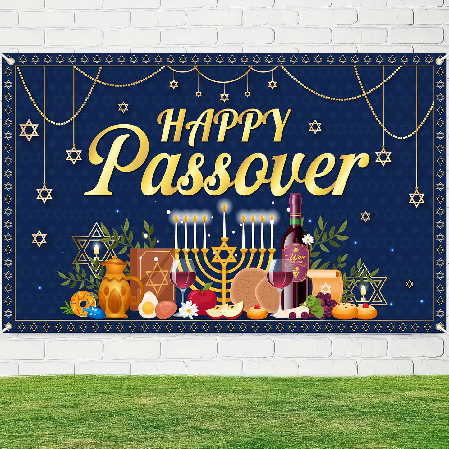Happy Passover Banner Backdrop - 72'' x 43'' Passover Banner Decoration, Hanging Jewish Pesach Background Decor for Wedding Festive Welcome Banner Passover Party Supplies