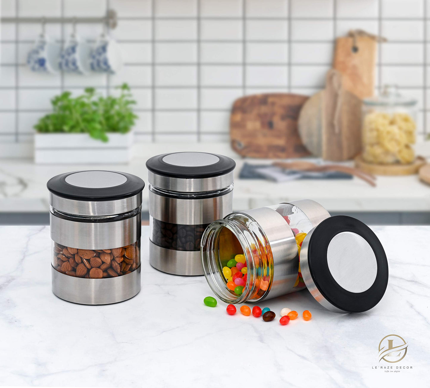Le'raze Quality Stainless Steel Canister Set of 3 for Kitchen Counter with Glass Window & Airtight Lid - Food Storage Containers with Lids Airtight - Pantry Storage and Organization Set