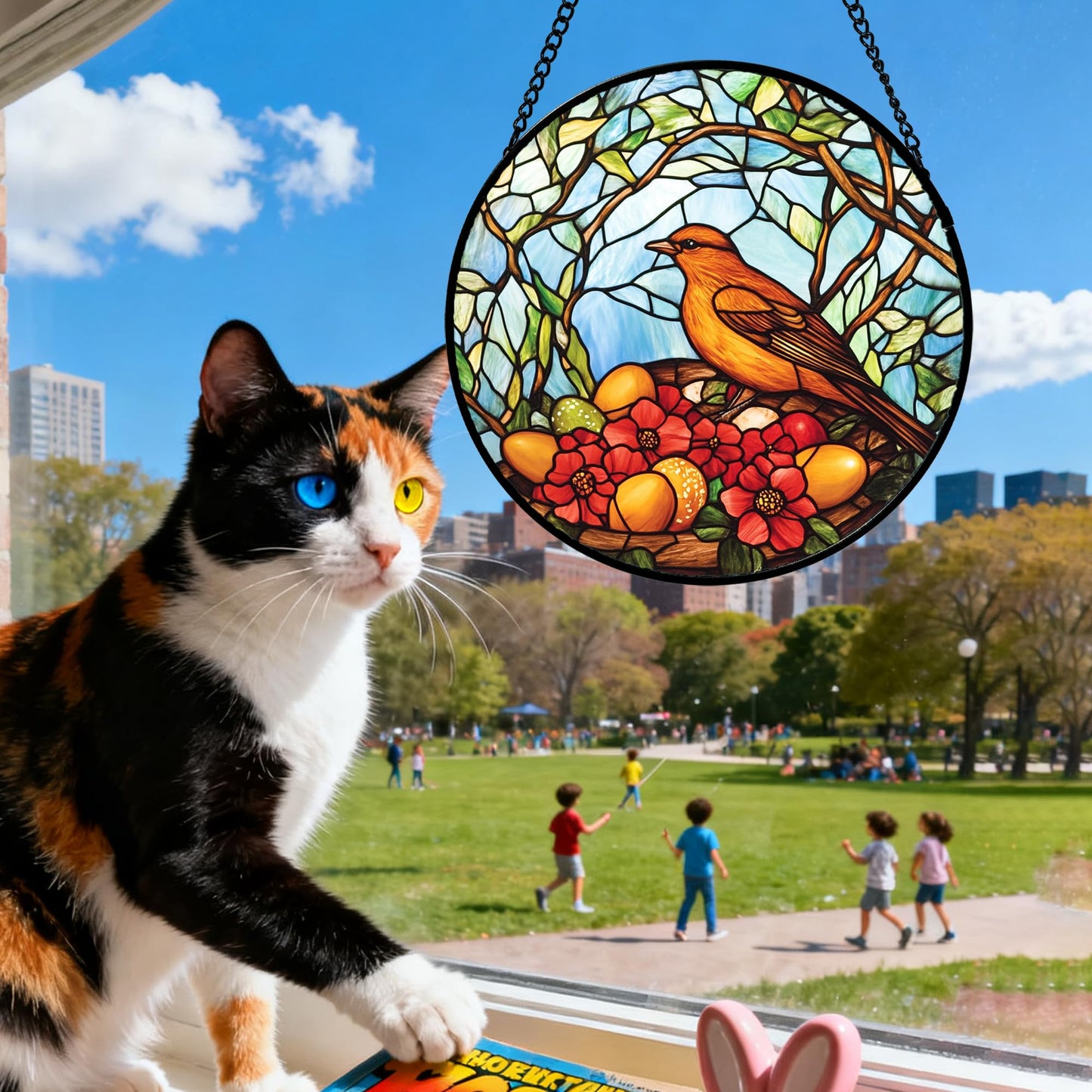 QZQCBLC Stained Glass Window Hanging Birds Build Nests On The Branches 6.3" - Suncatcher Door Garden Sun Catcher Decor Birthday Xmas for Bird Lovers Woman Men Nana Friend