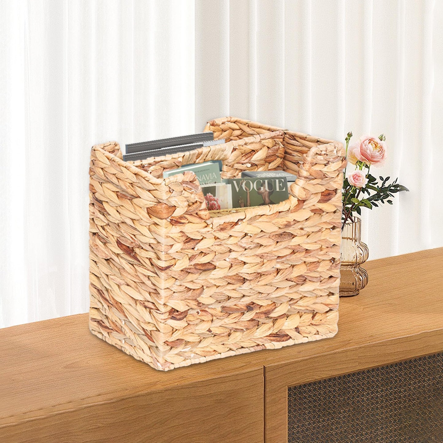 Magazines Holder - Wicker Magazine Rack, Handwoven Magazine Holders for Bathroom, Magazine Organizer for Books, Newspaper, Water Hyacinth Magazine Basket, 14.2 x 11.4 x 6.7 inch