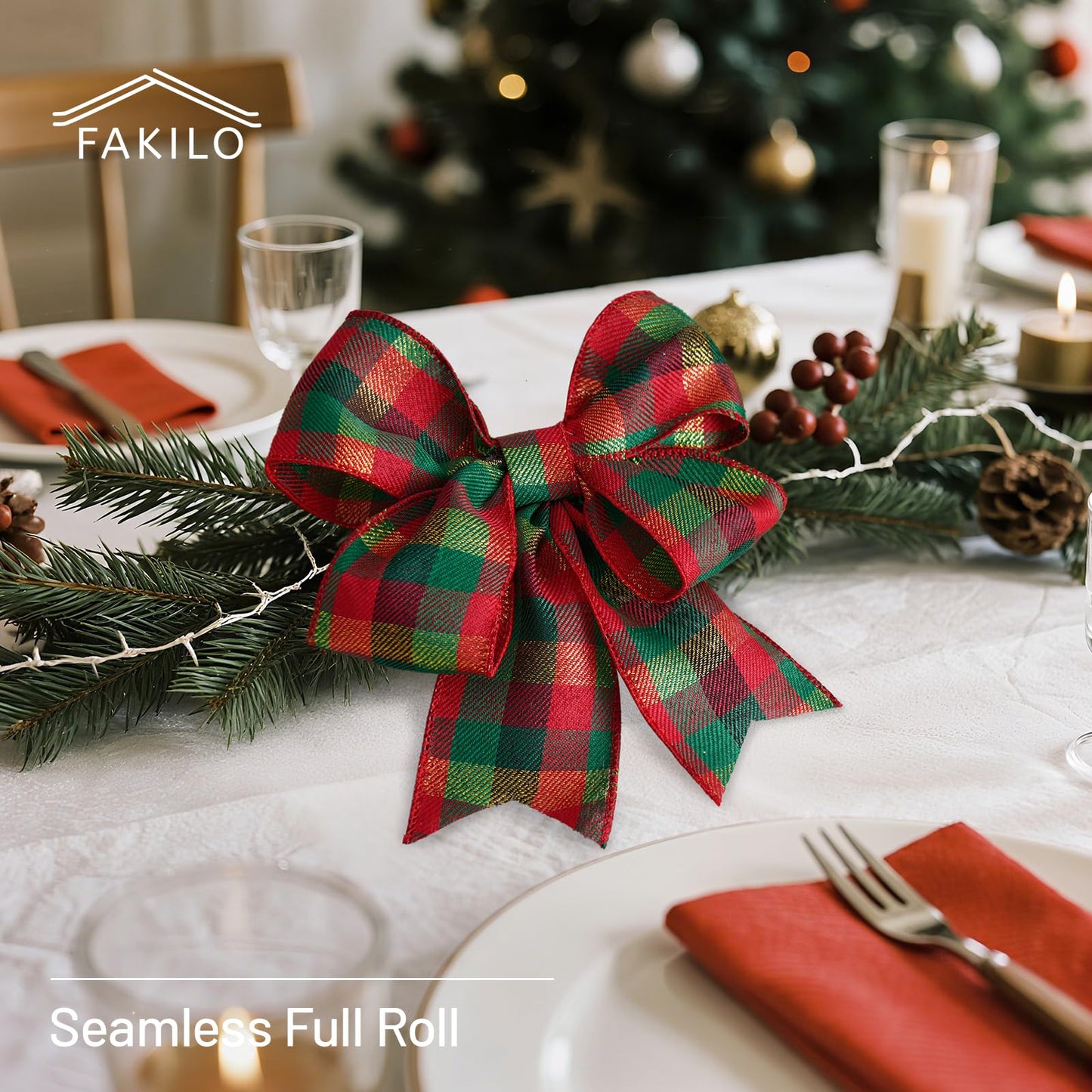 FAKILO Christmas Wired Ribbon 2-1/2 inch x 10 Yards Gold Red and Green Gingham Buffalo Plaid Tartan Christmas Ribbon for Tree Wreath Decor Gift Wrapping Topper Bow Making