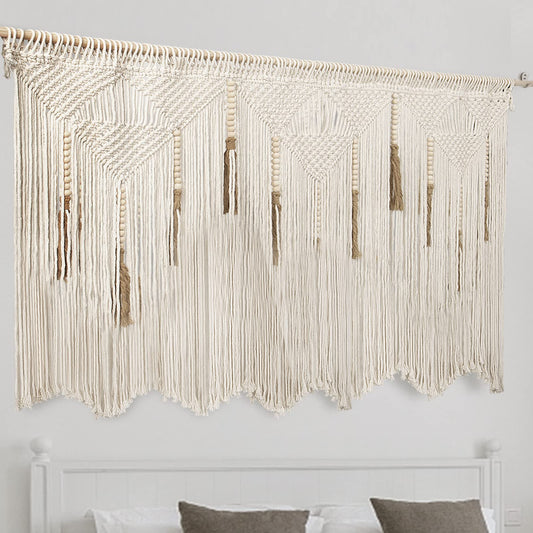 Extra Large Macrame Wall Hanging 70.8" × 39" Boho Tapestry Woven Decor- Cotton Tassel Curtain Beige Chic Bohemian Wall Art for Home Living Room Bedroom Dorm Wedding (Includes Rod)