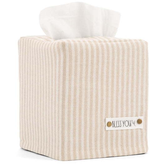 Stylish Tissue Box Cover - This Beige Striped Linen Holder Instantly Covers Your Square Tissue Boxes - The Perfect Cube Cover for Your Bathroom and Home