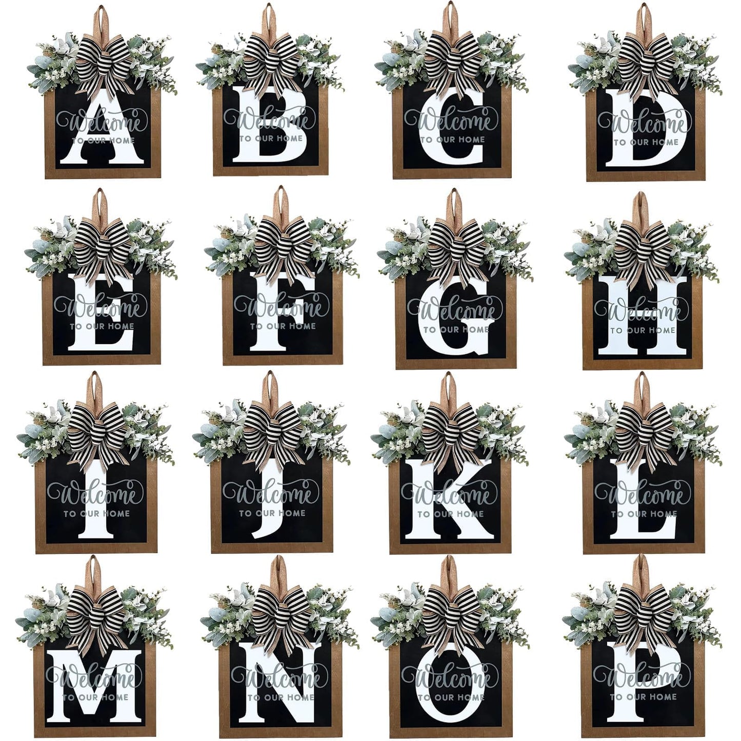 Last Name All Year Round Front Door Wreath with 26 Initial Letter Welcome Sign All Seasons Eucalyptus Garland and Bow ，Farmhouse, Porch, for Spring Summer Fall All Seasons Holiday Halloween Christmas. (M)