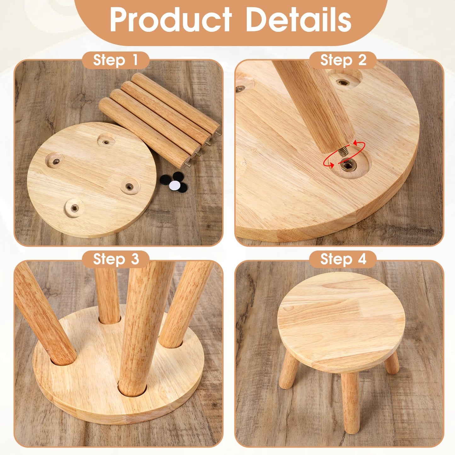 FdcZeyxior Natural Solid Wood Step Stool 9 Inch Short Sit Chair Portable Round Small Four Legged Wooden Sitting Stool for Adults Bathroom Classroom Bedroom Kitchen Plant Stand Decor, Detachable