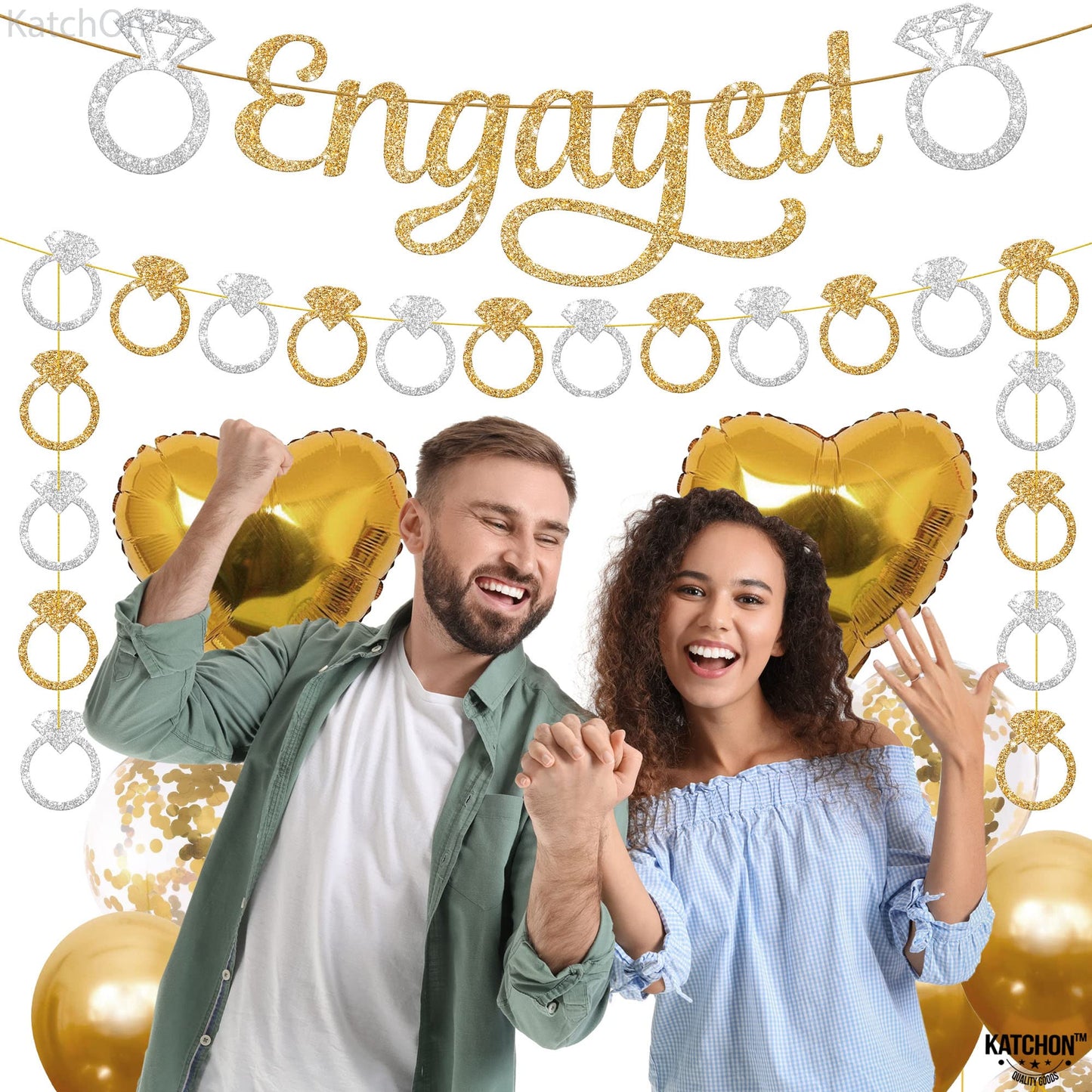 KatchOn, Pre-Strung Gold and Silver Glitter Engaged Banner - 2 String, 10 Feet, No DIY | Engagement Party Decorations | Banner for Bachelorette Party Decorations, Engagement Decorations, She Said Yes Decorations