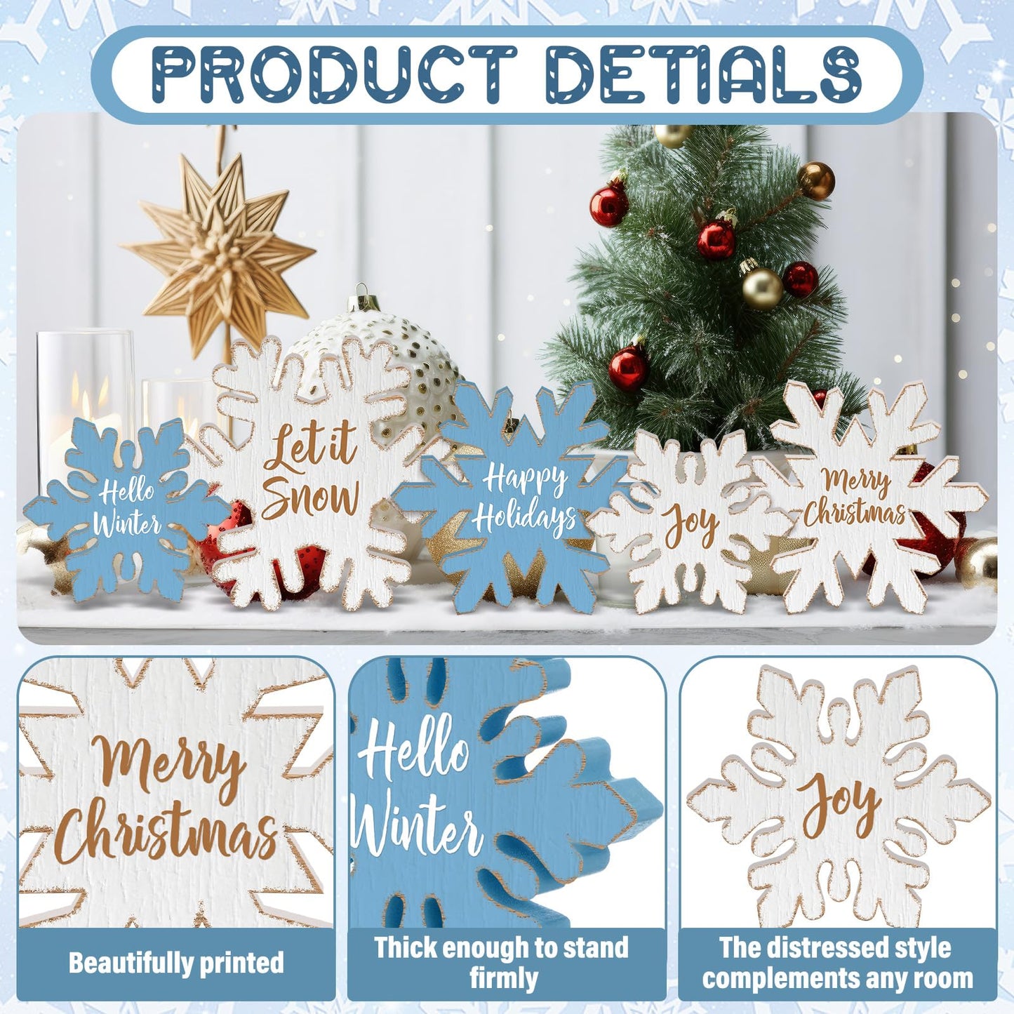 Thyle 5 Pcs Winter Wooden Snowflake Decor Rustic Winter Table Centerpiece White and Blue Wood Blocks with Heartwarming Quote Table Standing Signs for Farmhouse Fireplace Mantel Home