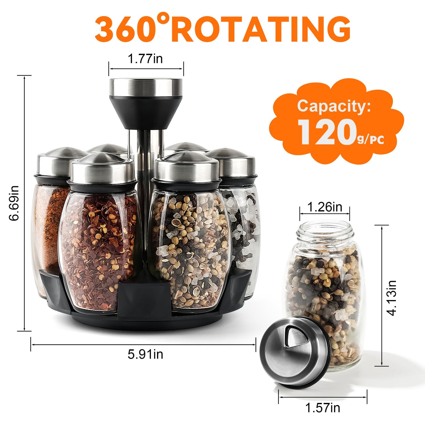 Mlici 6PC Spinning Glass Spice Jars - 360° Rotating Spice Rack Organizer with Jars, Stainless Steel Revolving Seasoning Holder Jars for Countertop Cabinet Kitchen Spices Cruets