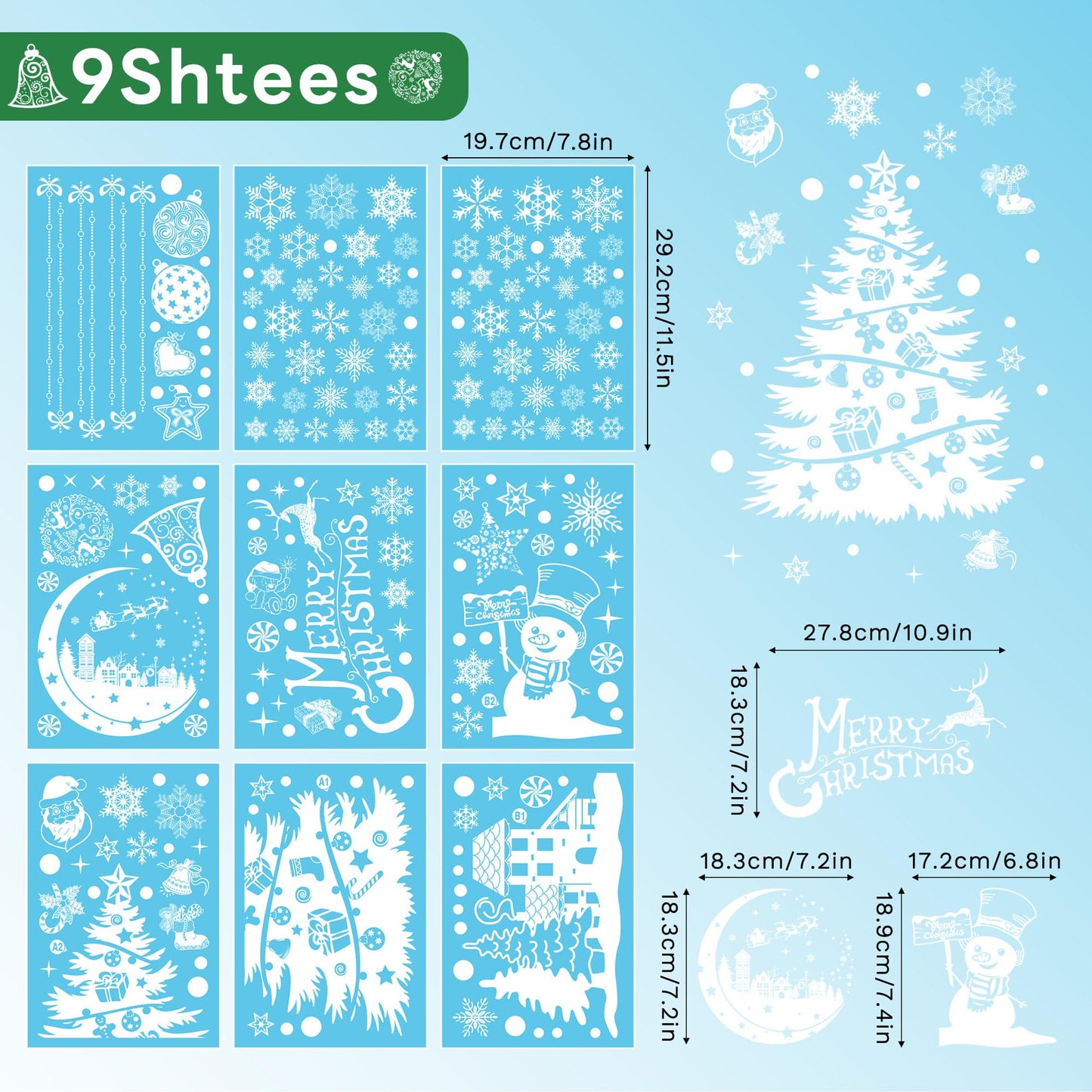 Joeyan Christmas Window Stickers, 9 Sheets Large Christmas Window Clings Decals White Double Sided PVC Snowflake Snowman Xmas Tree Scene Static Sticker for Christmas Decorations, 202 Pcs