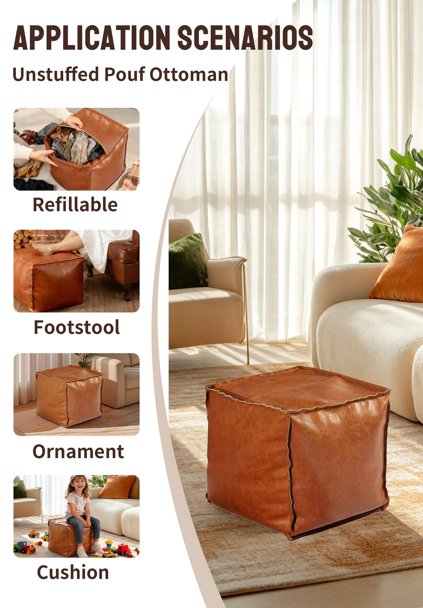 Unstuffed Pouf Ottoman Cover – 17.5in Square Handmade Moroccan Faux PU Leather Ottoman Cover – Tear-Resistant Waterproof Pouf Cover Only, No Filler, for Living Room, Bedroom, Dorm, Office – Brown
