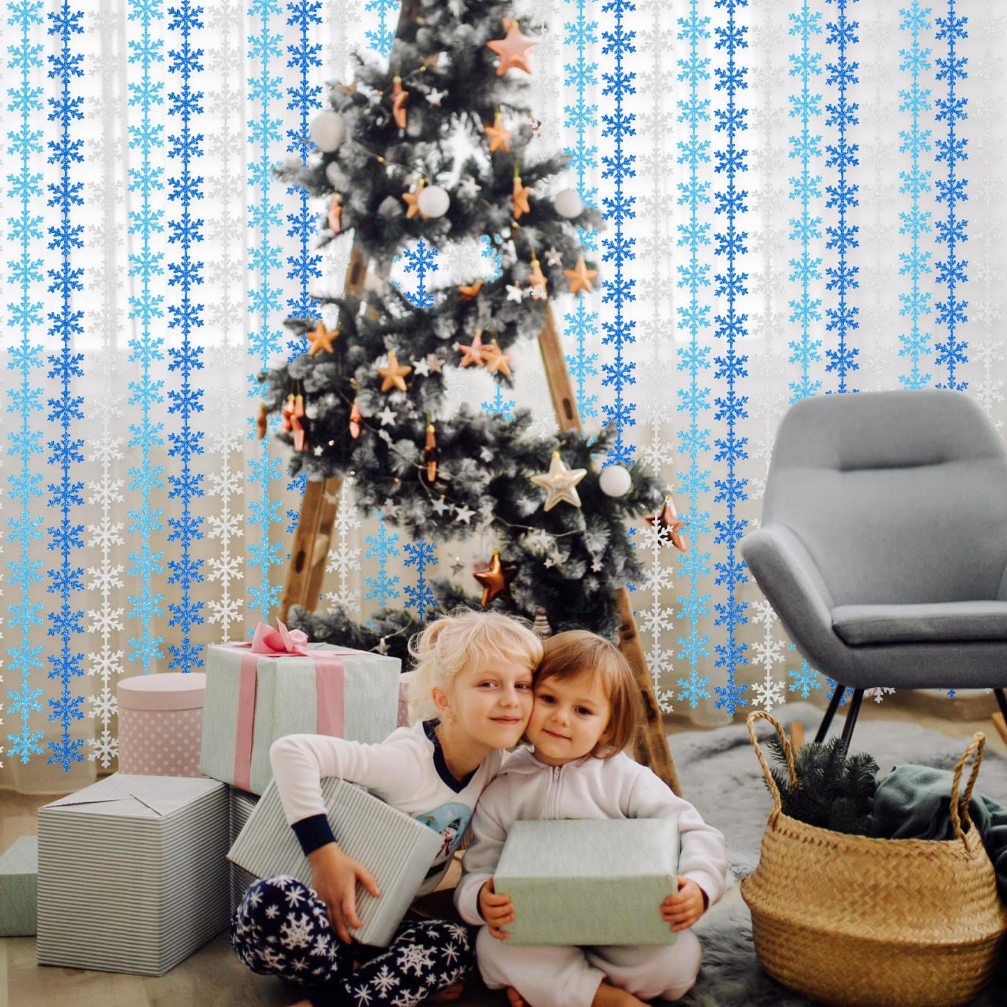Avikosi 2 Pack Snowflake Foil Fringe Curtains, 3.3×6.6 ft Blue Tinsel Backdrop Streamers for Frozen Theme Birthday, Winter Wonderland Party, Baby Shower, Holiday Wall Decor