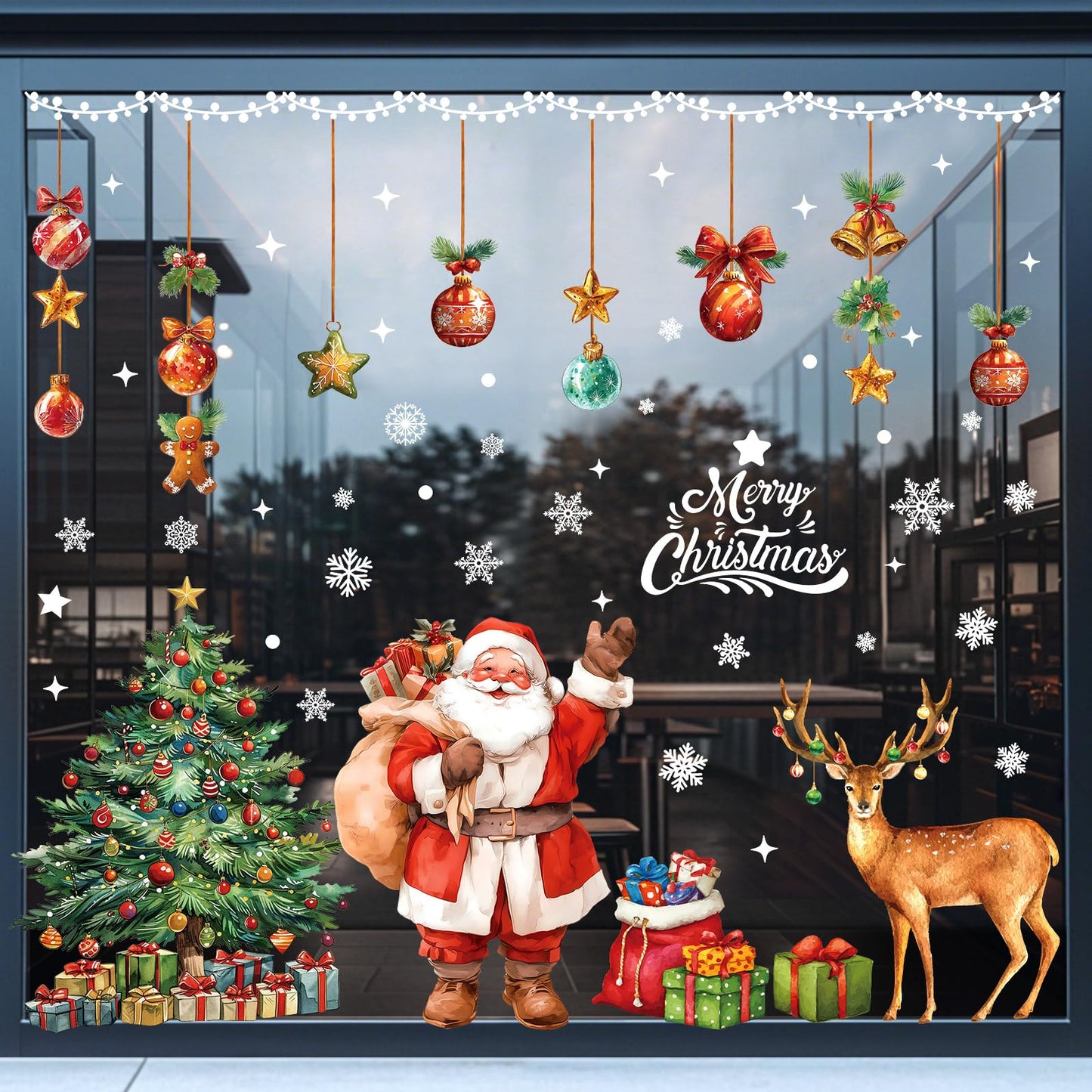 Jyanl 174PCS Christmas Window Clings Decorations Cute Large Christmas Tree Stickers Santa Claus Xmas Fall Window Snowflake Decal for Holiday Party Office (6 Sheets