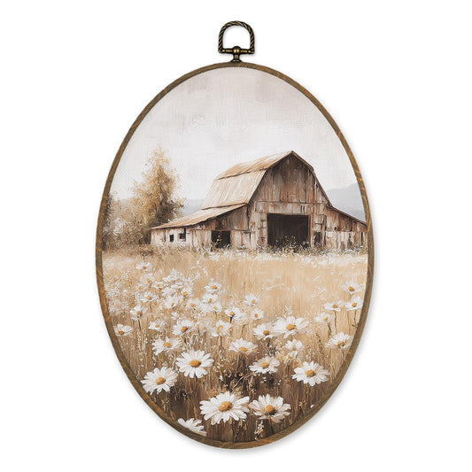LKETW Farmhouse Country Wildflower Oval Wall Art Decor, Vintage Rustic Nature Daisy Floral Oval Canvas Hanging Decor, Retro Landscape Wall Decorations for Home Bedroom Living Room, 8.6x11.4 Inch