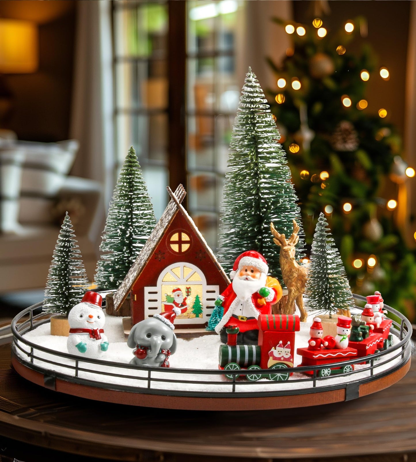 AMH 12 PCS Christmas Table Decorations Set with Oak Rotating Base – Xmas Town Village Centerpiece with Santa, Train, House, Trees & Figurines, Tabletop Decorations for Holiday Dining & Coffee Tables
