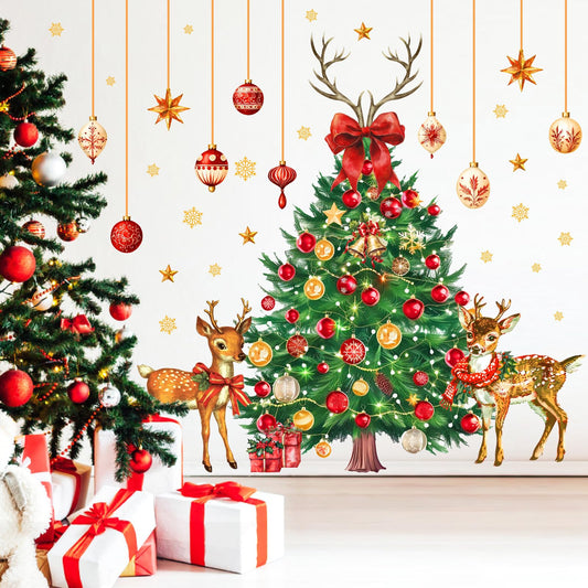 Christmas Tree Wall Decals Watercolor Christmas Bell Wall Stickers Reindeer Large Xmas Tree Window Decorations Holiday Winter Snowflake Star Ornament Stickers for Christmas Party Windows Walls