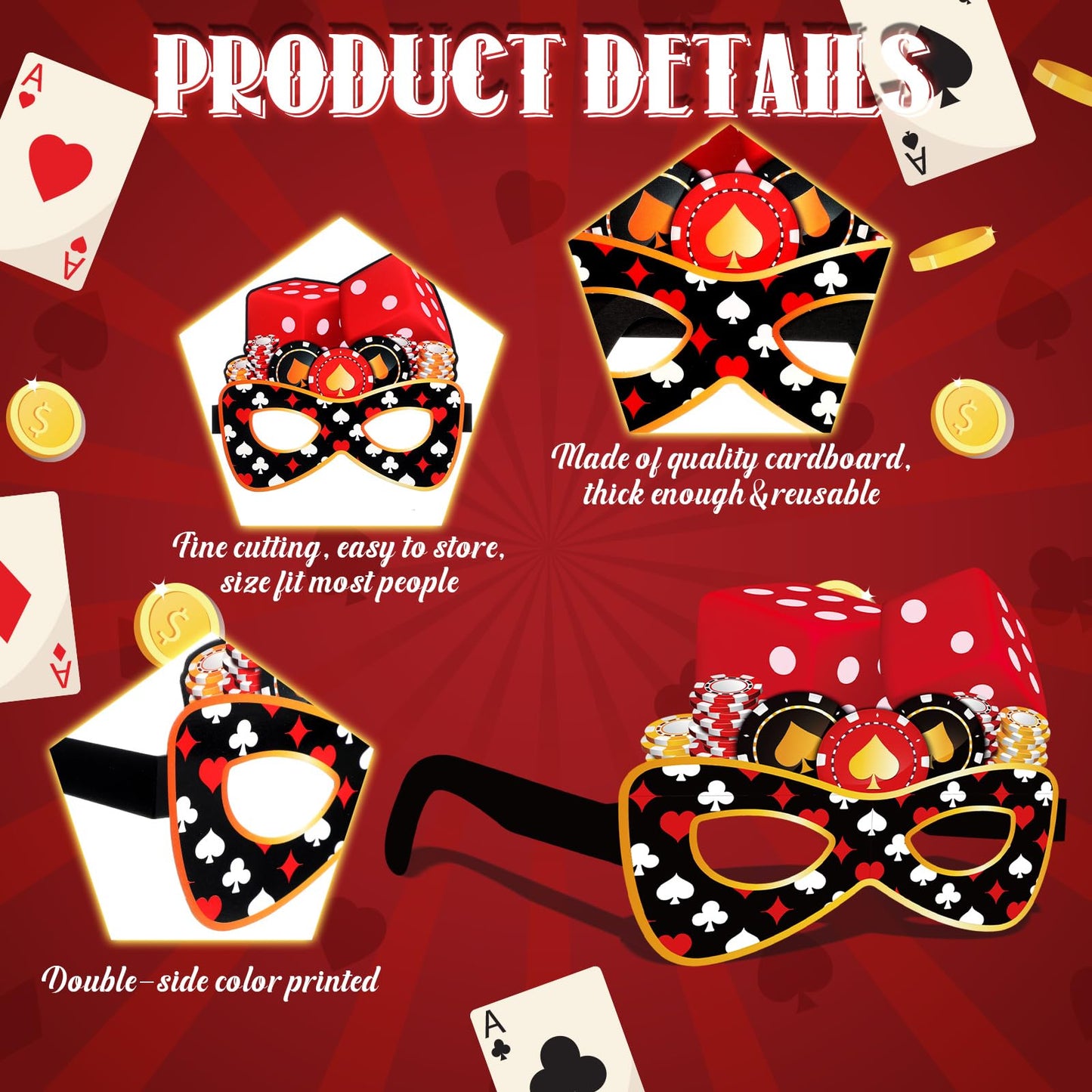 Harrycle 32 Pcs Casino Night Decorations Las Vegas Casino Glasses Paper Eyeglasses Poker Dice Selfie Photo Booth Props Kit Las Vegas Game Night Birthday Party Favors Supplies