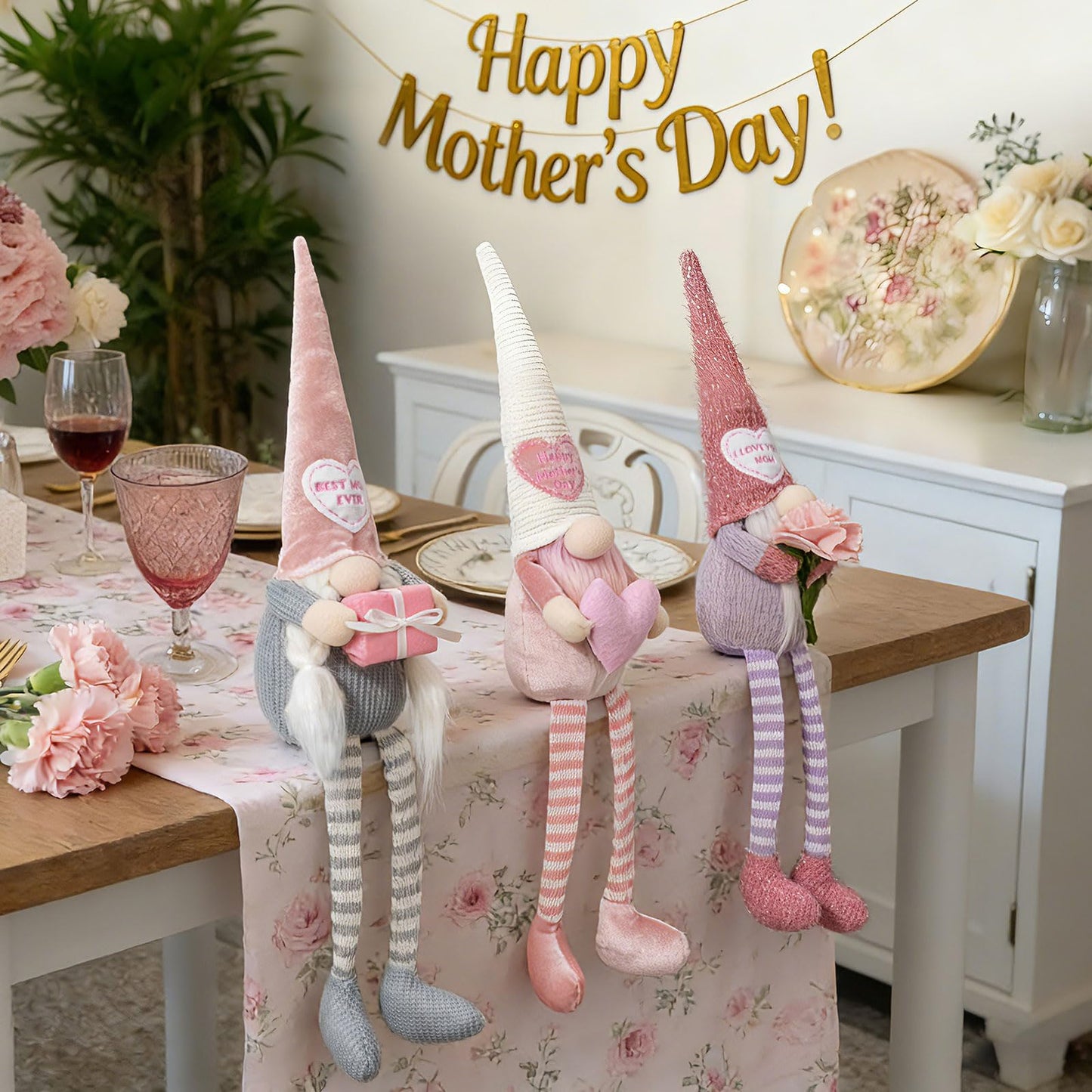 unanscre Mothers Day Gnomes Plush Decorations - 3PCS Long Dangle Leg Spring Gnomes Best Ever Gifts for Women Mom Mama Mommy, Handmade Dolls for Mother‘s Day Home Table Ornament, Tiered Tray Decor