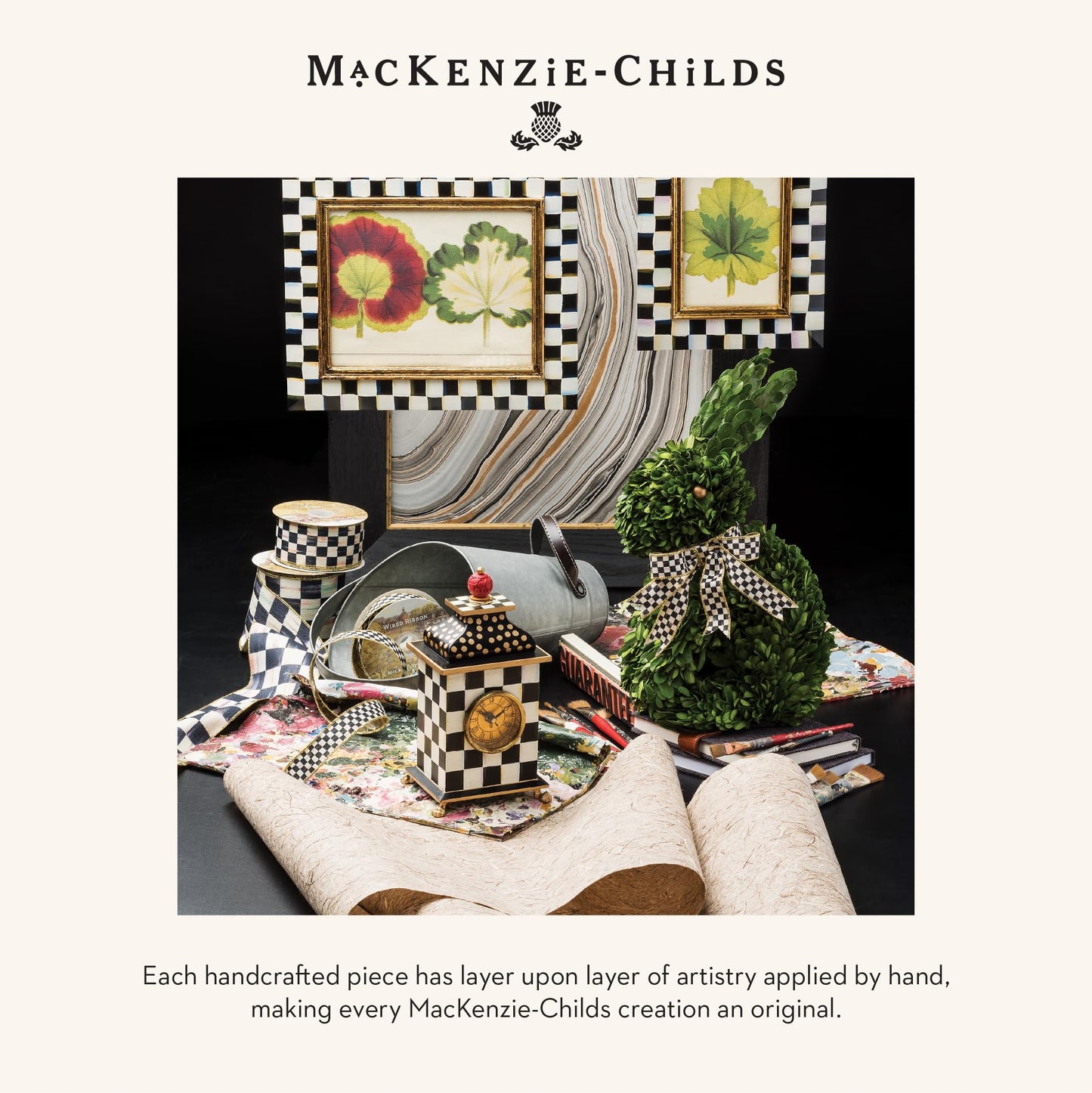 MACKENZIE-CHILDS Desk Clock, Decorative Wood Clock for Kitchen and Living Room, Black-and-White Courtly Check