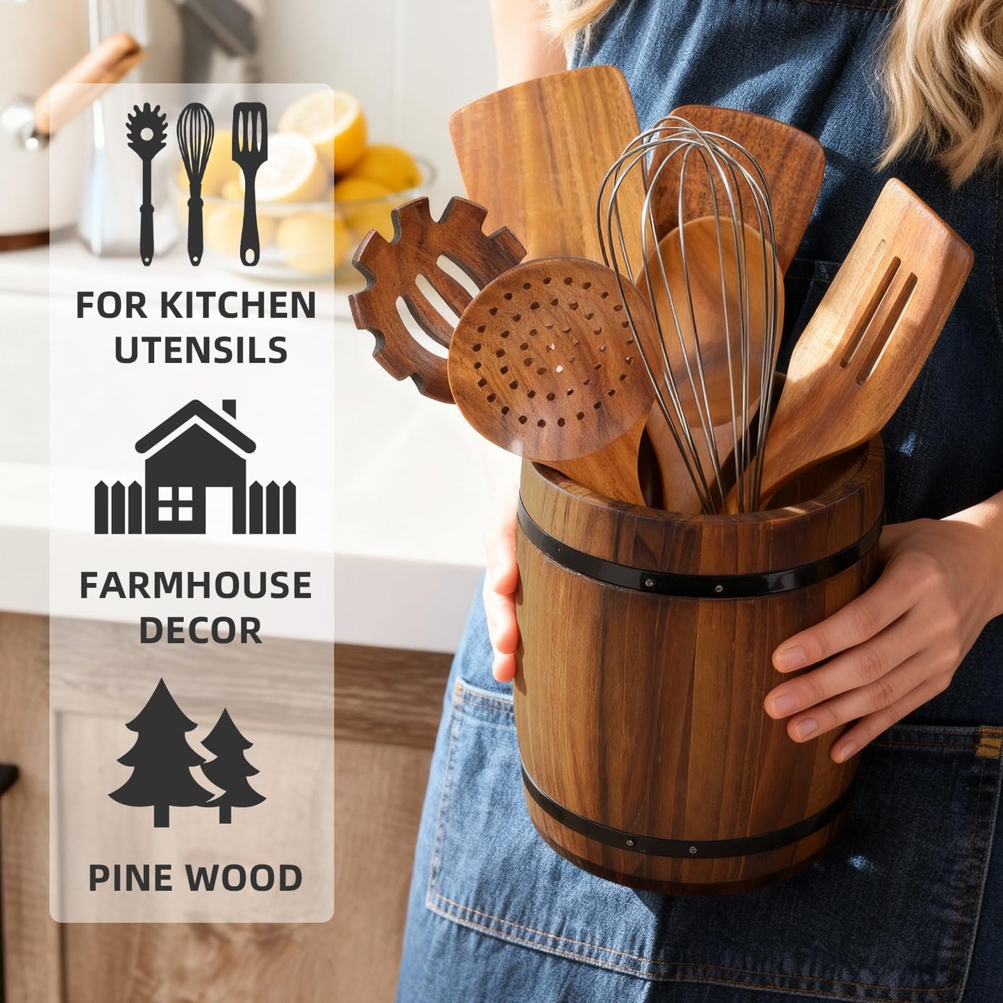 Tomato Garden Wooden Utensil Holder, Brown, Barrel Shape, Holds Spoons and Scoops, Wine Barrel Design, Painted, Smooth Surface, Sturdy Construction