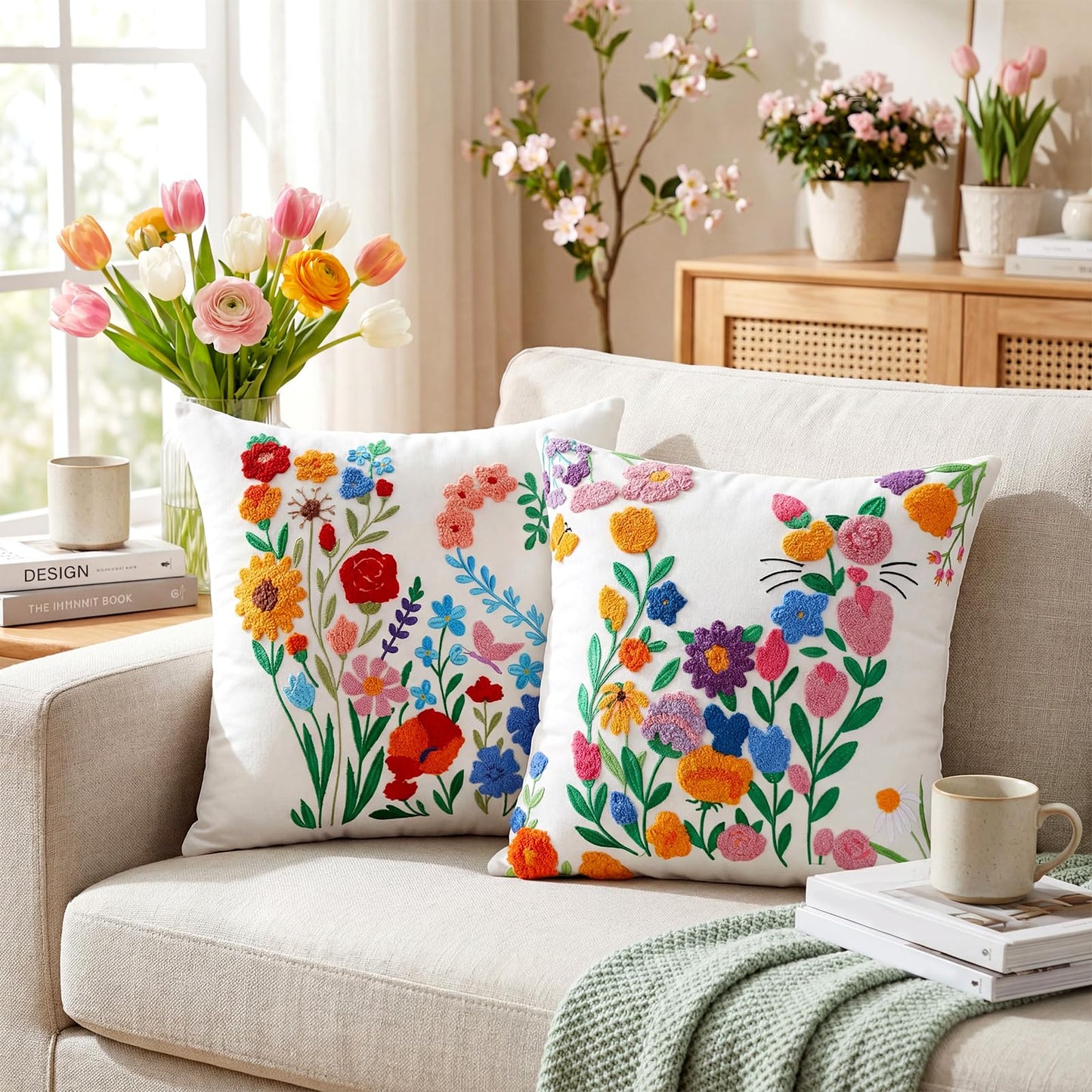 Mindsoft 2 Pcs Flower Throw Pillow Covers 18 x 18 Inch Spring Embroidered Pillow Cover with Zipper Colorful Floral Pillowcase Soft Boho Cushion Case for Living Room Couch Sofa Bed