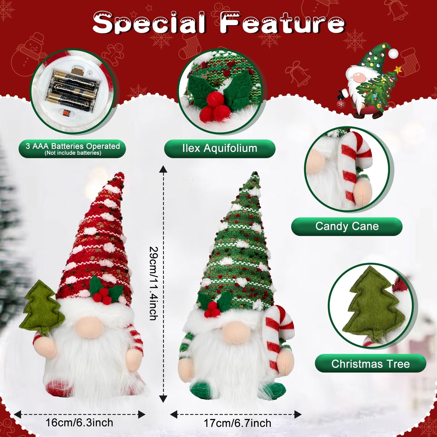 Christmas Gnome Decorations Indoor 11.4inch Light Up Christmas Gnomes Plush Home Decor Leprechaun Hold Candy Cane Ornaments with LED Lights Elf Tiered Tray Xmas Gifts Decor (Set of 2)