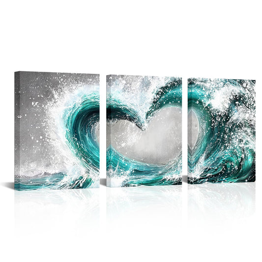 HOMEOART Bedroom Wall Art Ocean Wave Painting Love Sign Wall Decor Framed Artwork Bathroom Bedroom Living Room Decor (Turquoise)