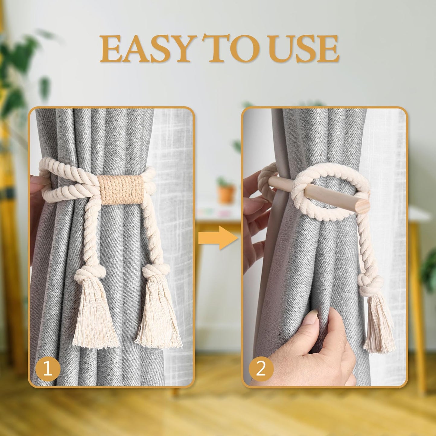 NICEEC 2 Pack Natural Cotton Rope Curtain Tiebacks Boho Rustic Style Decorative Drape Tie Backs Farmhouse Hand-Woven Rope Curtain Holdbacks with Wood Club for Home & Office Drapery (Cotton knot-Beige)