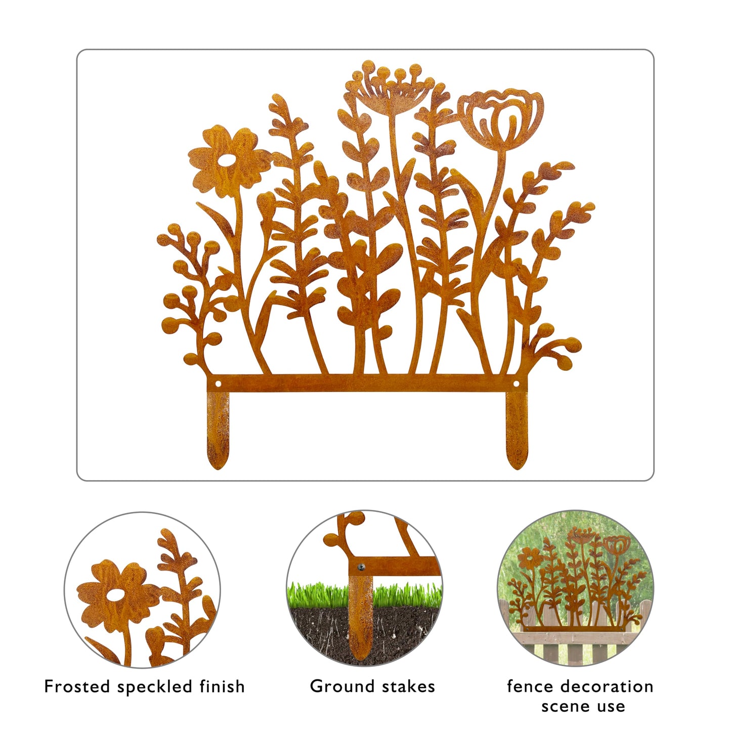 Metal Wild Flowers Stakes 14.4 * 14.0 inches, Metal Flowers Yard Art, Decorative Garden Stakes, Fence Topper Decor, Lawn Art Decor Plants Yard Decorations for Outdoor with Rusty Paint Process