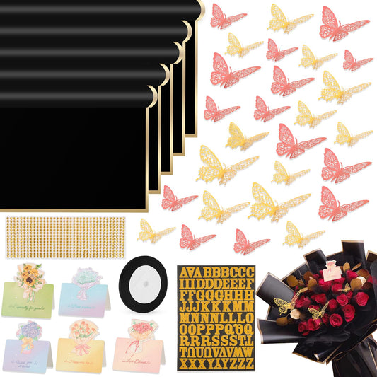 BESUPERT 52Pcs Flower Bouquet Wrapping Paper Kit, 20 Sheets Black Waterproof Floral Wrapping Paper, 1 Letter 1 Rhinestone Sticker, 12 Gold 12 Pink Butterflies, 5 Cards, 1 Black Ribbon (Gold Edge)
