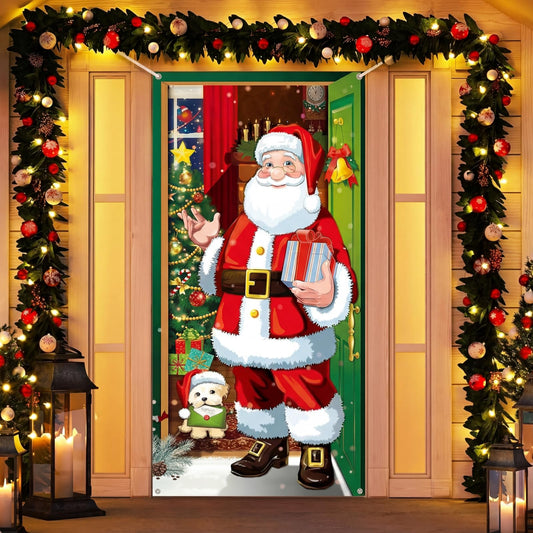 Irenare Christmas Door Cover Decoration Santa Claus Front Door Cover Xmas Hanging Banner Background for Christmas Xmas Holiday Winter Home Indoor Outdoor Decoration Supplies