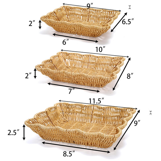 Jucoan 3 Pack Poly Wicker Bread Baskets, Imitation Rattan Fruit Baskets, Rectangular Tabletop Woven Serving Baskets Trays for Fruits Vegetables and Snacks, Restaurant Hotel Kitchen